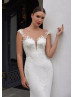 Cap Sleeves Ivory Lace Tulle V Back Chic Wedding Dress